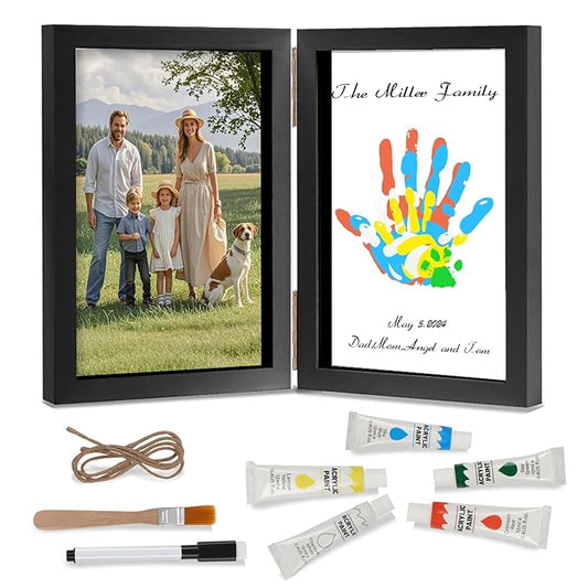 Family Handprint Kit, DIY Baby Hand and Footprint Handmade Keepsake Wooden Frame, Family Gifts with 5 Non-Toxic Baby-Safe Paint, Ideas Gift for New Parents, Grandparents, Father's Day, Mother's Day