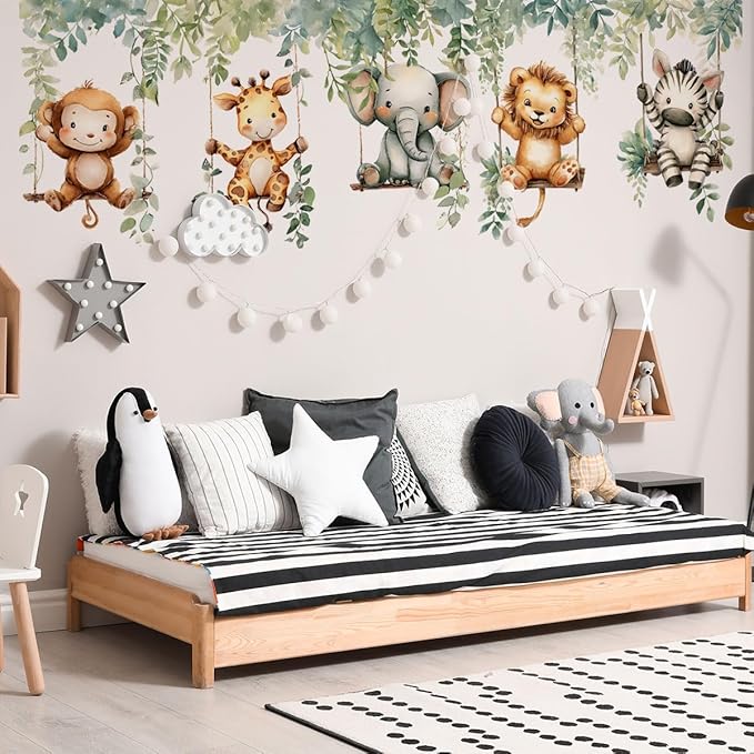 Jungle Animal Wall Decals,Jungle Animals Monkey Elephants, Lions, Zebras, Giraffes Vine Leaves Wall Stickers,Zoo Sticker for Kids Baby Boys Room Nursery Bedroom Playroom Home Decoration.