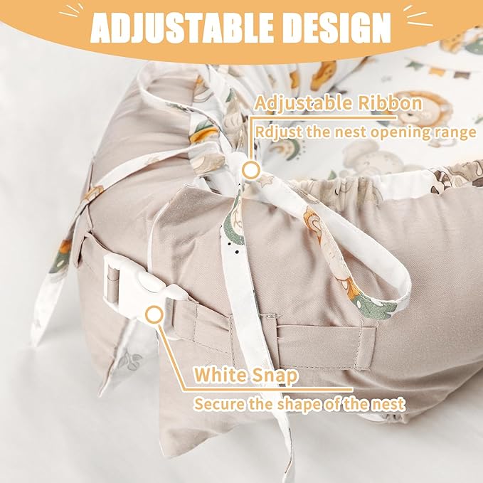 Baby Lounger Cover for Boys Girls, Reversible Baby Nest Cover, Adjustable Baby Lounger Replaceable Cover for Infant Newborn, Portable and Machine Washable, Cotton Gray Elephant Cover Only