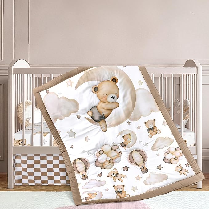 3 Pcs Baby Crib Bedding Set Safari Animals Dinosaurs Bear Woodland Animals Jungle Crib Set Includes Quilt, Fitted Sheet, Skirt for Baby Boy Girl(Brown,Teddy Bear)