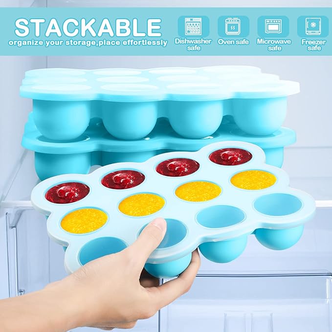 3 Pcs Baby Food Storage Container 12 Cup Silicone Baby Food Freezer Tray with Lid Stackable Reusable Silicone Baby Food Freezer Storage Tray for Food Vegetable Fruit Puree and Breast Milk (Blue)