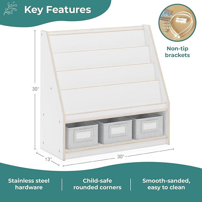 Guidecraft EdQ Book and Bin Display White with 3 Storage Bins: Wooden Kids Bookcase and Toy Storage Organizer; Homeschool and Classroom Bookshelf Furniture