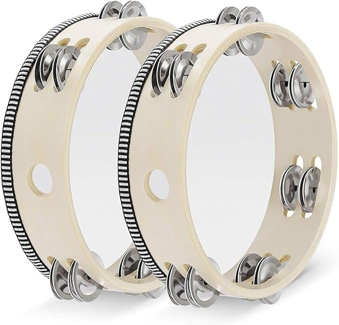 Flexzion Wood Handheld Tambourine for Kids (2 Pack) 8 Inch Double Row 12 Pair Jingles, Hand Held Percussion Drum Moon Musical Instrument with Metal Bell