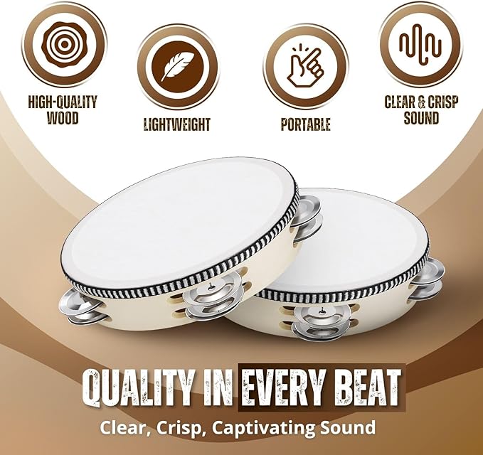 Flexzion Wood Handheld Tambourine Adults 6-Inch Double Row 8-Pair Jingles (Wood) - Percussion Round Tamborines Musical Instrument with Metal Zills