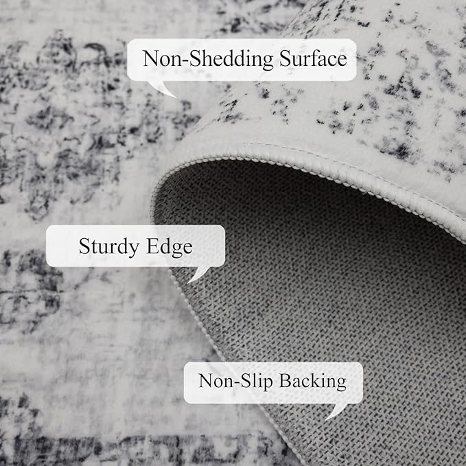 4x6 Washable Area Rug for Living Room, Carpet for Bedroom, Soft Faux Wool Retro Dining Room Rug, Non Slip&Non-Shedding Resistant Low Pile Vintage Print Rug for Home Office (White/Grey)