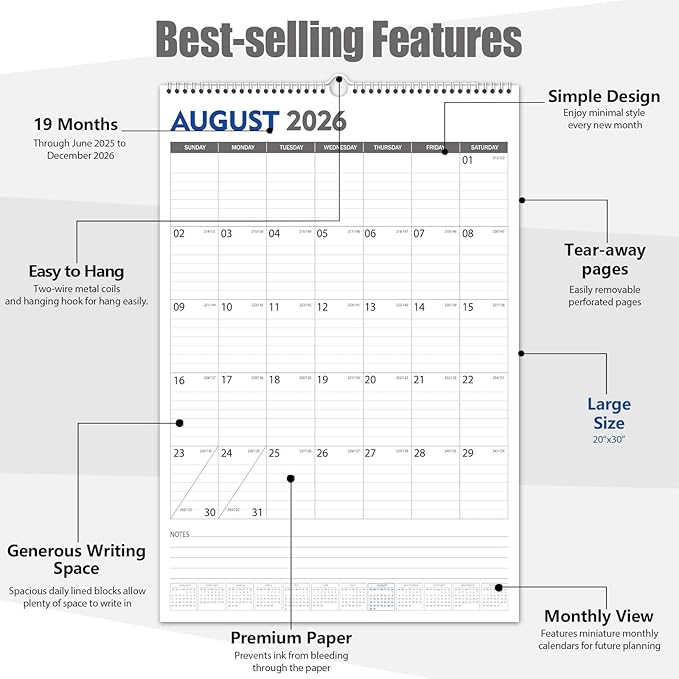 GuassLee Extra Large Wall Calendar 2025-26, 20"x 30" Gaint Vertical Wall Calendar 2025, Jun. 2025 to Dec. 2026, 19-Month Paper Hanging Planner Wall with Julian Date for Office Home