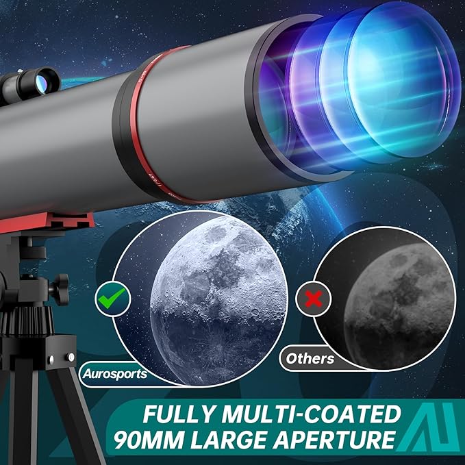 Aurosports Telescope for Adults High Powered - 90mm Aperture 600mm Refractor Telescope for Kids & Beginners -Portable Travel Telescope with Phone Adapter Tripod Wireless Remote & Carry Bag