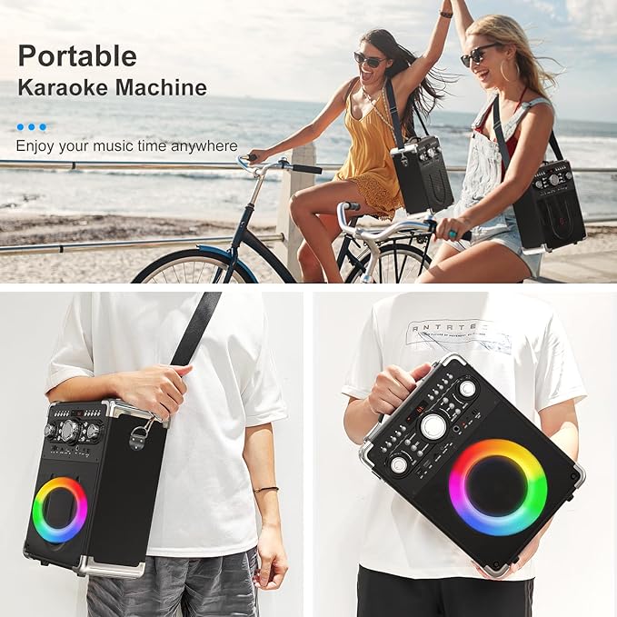Karaoke Machine with 3 Wireless Microphones for Adults, Portable Bluetooth Party Speaker with Echo Adjustment, Singing Machine Support TWS/USB/TF Card/Guitar/TV Connected for Outdoor/Events etc
