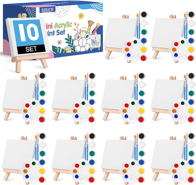 ESRICH 10 Set Mini Canvas Painting Kit, Minis Acrylic Paint Set, St. Patrick's Party Gifts,4 * 4inCanvas with Easel, Acrylic Paints,Brushes,Palette,Mini Easel Canvas for Kids Adults Painting Party