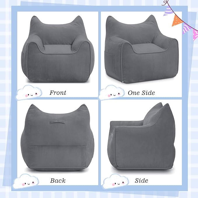 HOMMPA Bean Bag Chair for Kids Stuffed Toddler Bean Bag Sofa with Pocket Filler Cat Shaped Bean Bag Chair Boys and Girls Baby Lazy Floor Sofa Chair for Gaming Reading Playing Grey