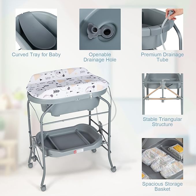 HONEY JOY Baby Changing Table with Bathtub, Foldable Infant Diaper Changing Station with Wheels, Storage Tray, Waterproof Pad, Portable Newborn Nursery Organizer Bath Stand for Boys Girls (Gray)
