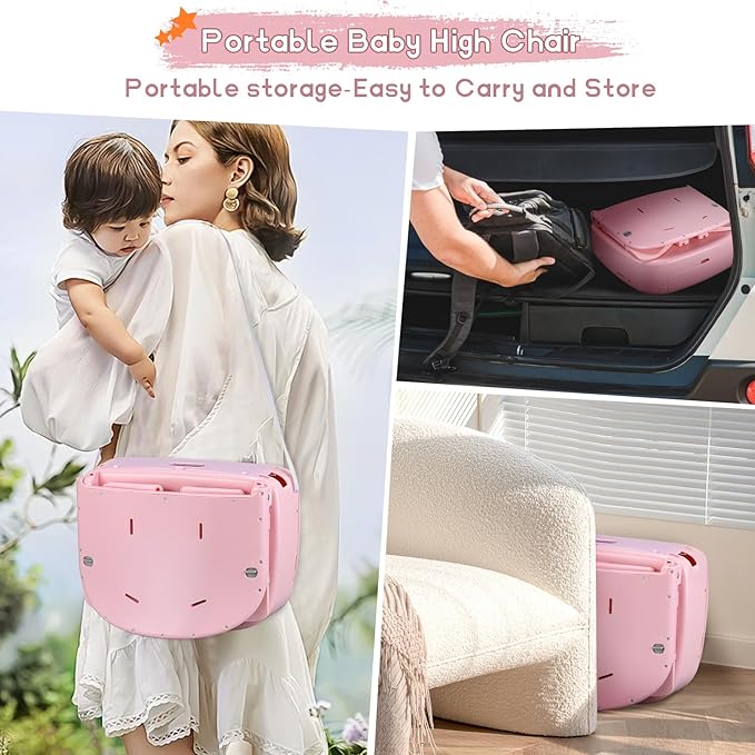 4 in 1 Portable Baby High Chair,Convertible Highchair for Babies & Toddlers-Foldable Infant Booster Seat,Carry Small Box,Dining Chair,Toddler High Chair with 5-Point Harness,Removable Tray-Pink