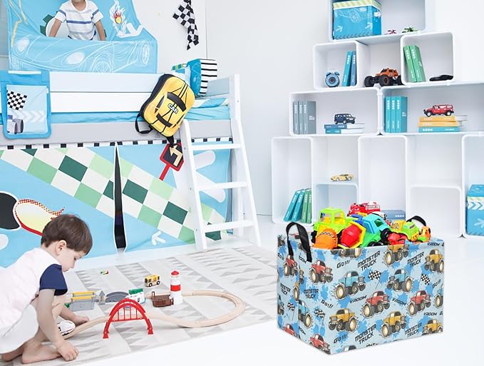 HIYAGON Rectangular Monster Truck Basket for Kids Baby Basket for Boys and Girls Cute Toy Storage Organizer Bin Box Truck Room Decor(Monster Truck)