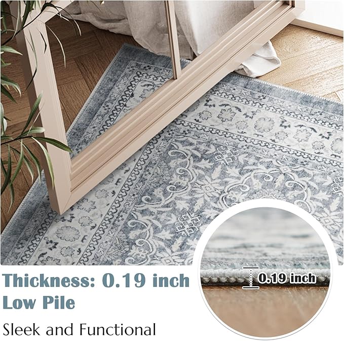 jinchan Hallway Runner Rug 2x10 - Machine Washable Grey Vintage Floral Distressed Design Soft Non-Slip Low-Pile Ultra-Thin Runner Rug for Kitchen Laundry Room Bedroom Farmhouse (2‘x10',Grey)