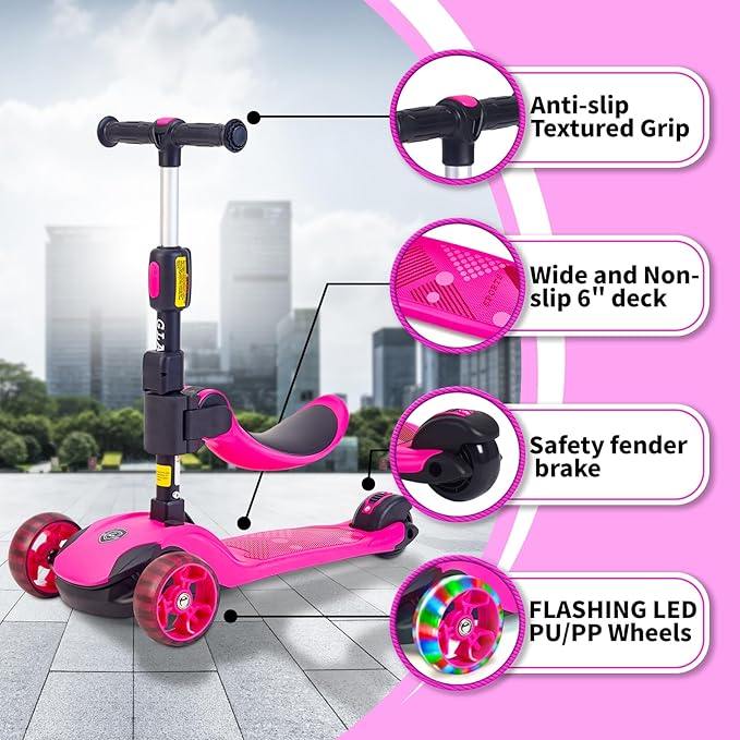 GLAMUP Kids Scooter, 2-in-1 Folding Kick Scooters, Adjustable Height, Safety Lock, 3 Wheel Kick Scooter for Boys and Girls Ages 3-14