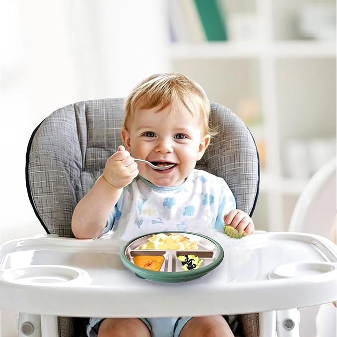 3Pack Sainless Steel Kids Plates with Suction, 8.1” Divided Toddler Baby Plates with Removable Silicone Sleeves BPA Free Non-Slip 2-in-1 Anti Breakage Metal Toddler Bowls