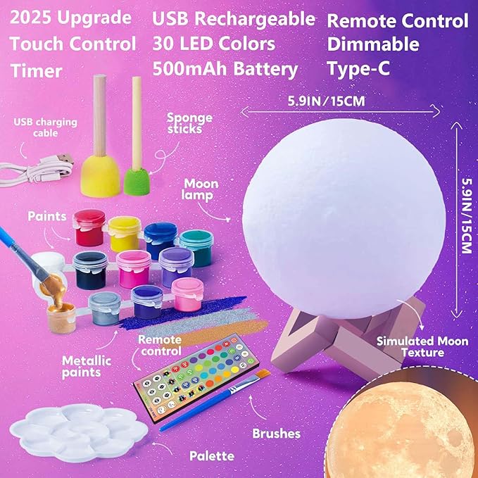 HOLA Paint Your Own Moon Lamp Kit, 2025 Update USB Rechargeable Remote Control, DIY Arts Supplies and Crafts Kit, Ages 6 7 8 9 10 11 12 13 Year Old Girls Boys Kids Birthday Gifts