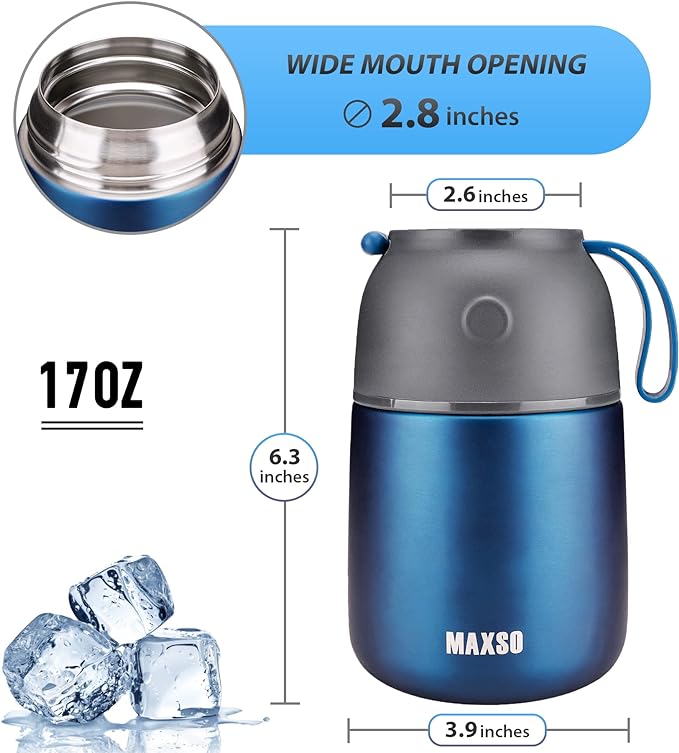 Insulated Thermo Food Jar for Hot & Cold Food for Kids Adult, 17 oz Soup Thermal Hot Food Containers for Lunch, Triple Layer Insulation Stainless Steel Food Jar with Spoon(Blue)