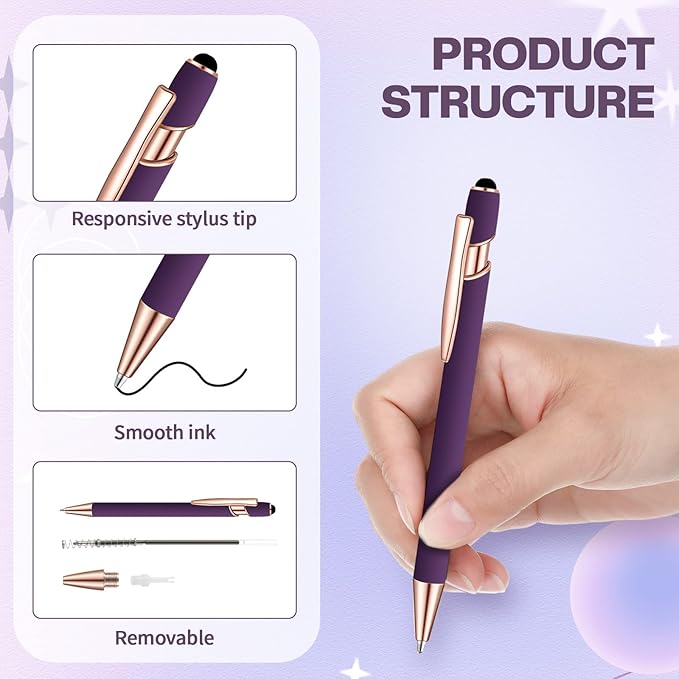 8 Pieces Ballpoint Pen with Stylus Tip Black Ink 2 in 1 Stylus Metal 1.0 mm Medium Point Smooth Pen Rainbow Colorful Rubberized Ballpoint for Touch Screen Tablet(Purple)