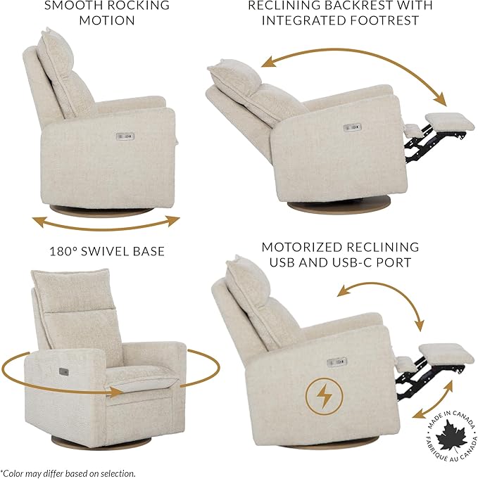 Arya Modern Nursery Chair Glider Recliner with 180° Swivel - Cozy Motorized Reclining Nursing Chair with USB Ports, Gentle Motion, Ergonomic Design, Canadian-Made (Ivory/Nubia Fabric)