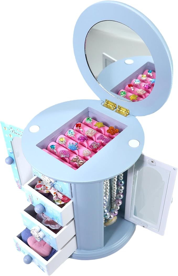 Girls Blue Cute Bunny Jewelry Box Organizer - Kids Gift for Little Girls