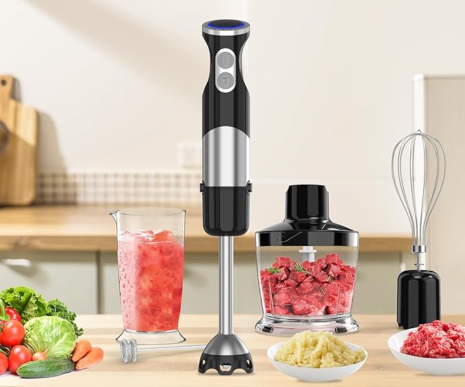 Immersion Blender Handheld 5 in 1-1100W Scratch Resistant Blender Stick, 12 Speed and Turbo Boost Hand Blender with Chopper Beaker Whisk and Milk Frother for Milkshake Puree Smoothie Food