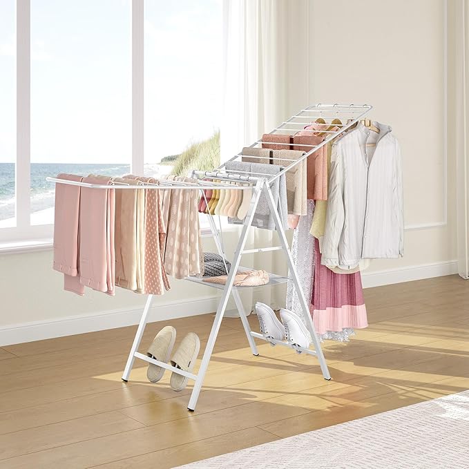 APEXCHASER Drying Rack for Clothing Foldable, Metal Laundry Rack Collapsible, Ultra Thin Gullwing Clothes Airer with Adjustable Height for Towel Baby Clothes Indoor Outdoor Laundry Room, White