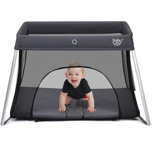 BABY JOY Baby Foldable Travel Crib, 2 in 1 Portable Playpen with Soft Washable Mattress, Side Zipper Design, Lightweight Installation-Free Home Playard with Carry Bag, for Infants & Toddlers (Grey)