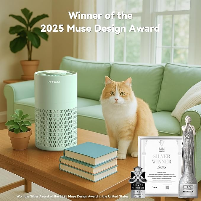 AIRROMI Air Purifier for Bedroom with HEPA 3-in-1 Filter, Pet Air Purifier for Home Cat Pee Smell, Covers Upto 990 Ft², Quiet 360°intake Air Cleaner for pet hair,allergies,Dust,Smoke A2001 Green