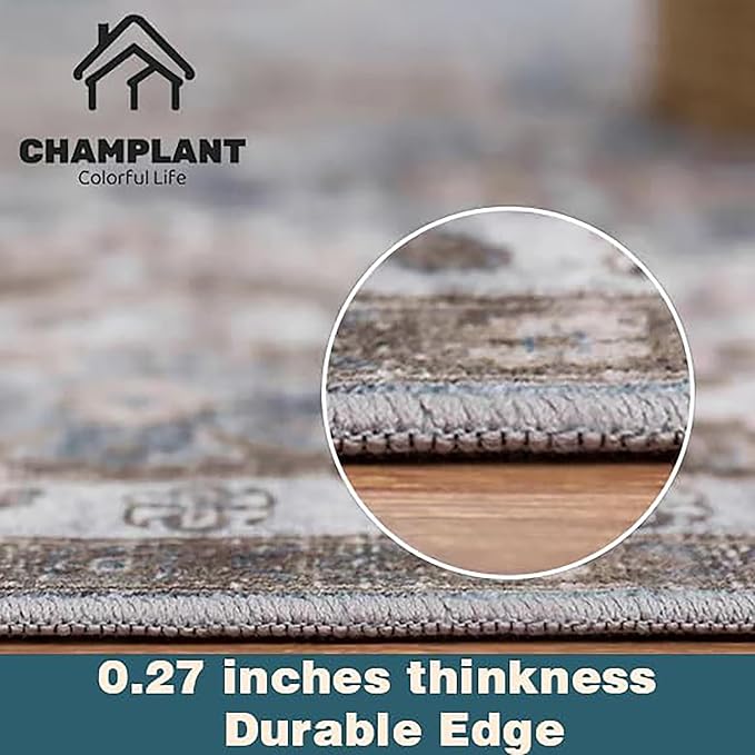 Area Rug 9x12 Washable Brown Vintage Traditional Mat Distressed Indoor Foldable Thin Retro Accent Floral Non Slip Carpet for Living Room Dining Room Office