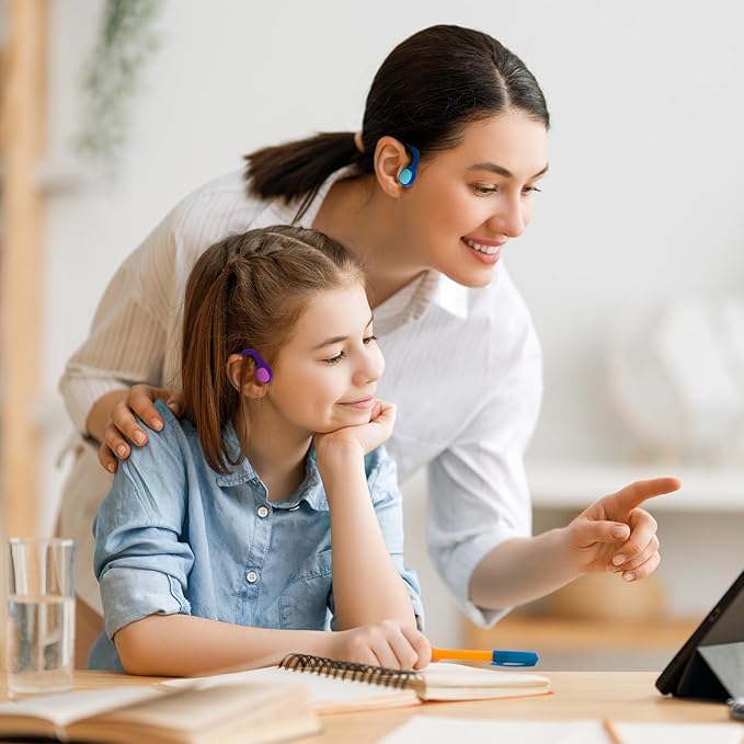 2 Pack Kids Headphones, Bluetooth 5.2 Air Conduction Open Ear Headphones, 85dB Volume Limiting, Stereo Sound with Mic, IPX5 Waterproof, 20H Playtime-Blue Purple