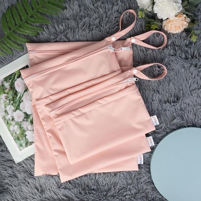 ALVABABY 3pcs Baby Cloth Diaper Wet/Dry Bags|Waterproof Reusable with Two Pockets|Travel, Beach, Pool, Daycare, Soiled Baby Items,Yoga，Gym Bag for Swimsuits or Wet Clothes (3 pcs in SML, Pink) 3L-B19