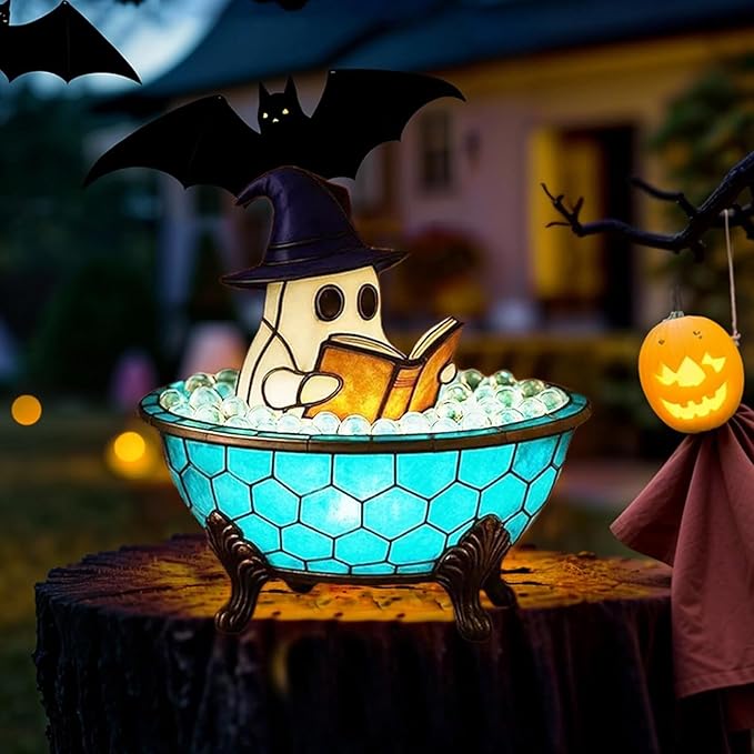 Ghost Bubble Bath Lamp, Halloween Light up Ghost Night Light, LED Flickering Nightlight, Cute Bathtub Spooky Books Nightlight for Halloween Ghost Decor