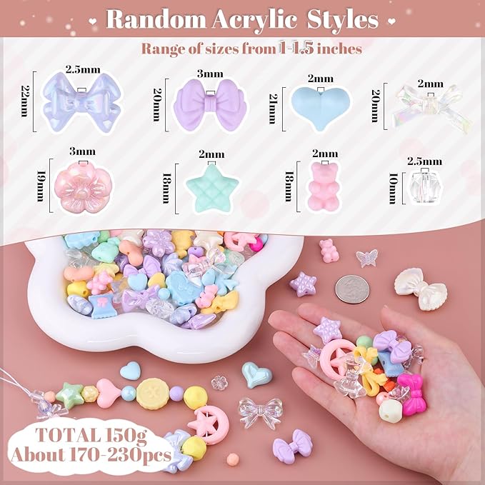 Assorted 170-230PCS Macaroon Color Acrylic Beads For Bracelet Making, Bow Butterfly Candy GummyBear Aesthetic Bracelet Charms,Cute Beads For Jewelry Making DIY Necklace Keychain Phone Charm