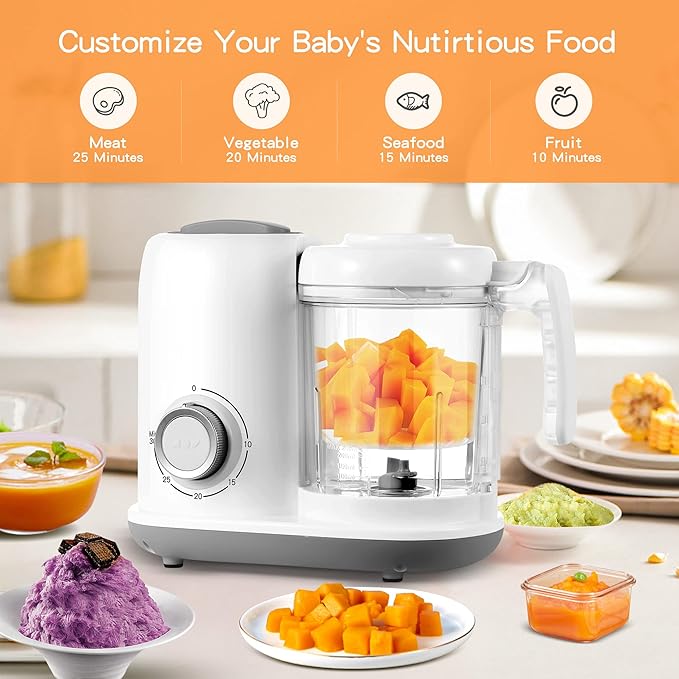 Baby Food Maker, 4 in 1 Baby Food Processor and Steamer, Puree Blender, Multifunctional Baby Puree Maker, Dishwasher Safe (White)