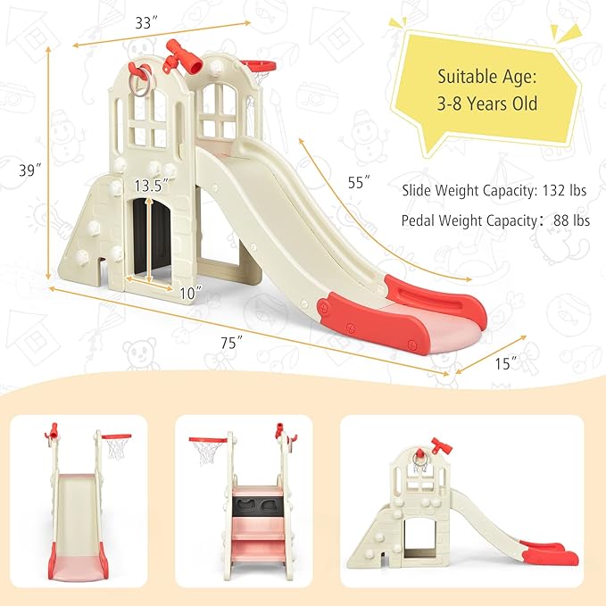 BABY JOY Toddler Large Slide, 6 in 1 Slide for Kids with Basketball Hoop, Ring Toss, 2 in 1 Convertible Climbing Way, Freestanding Kids Slide Climber Set for Indoors Outdoor Boys Girls Gifts Present