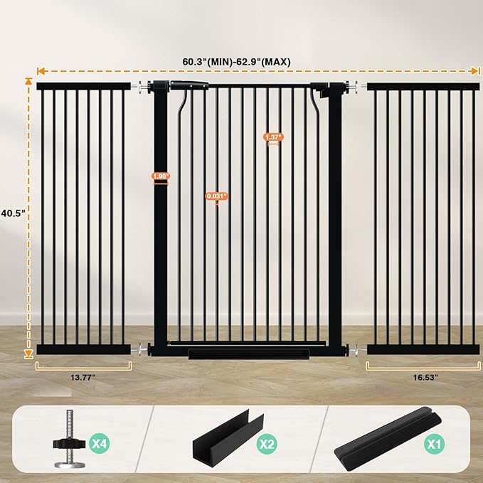40.5" Extra Tall Baby Gate for Stairs, 60.3"-62.9" Extra Wide Pet Gates, Dog Gates Puppy Barrier Indoor, No Drill Tension Safety Gate Auto Close for Stairs Walk Thru Kid or Pet Black