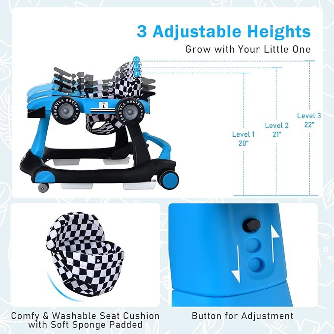 BABY JOY 4-in-1 Baby Walker, Foldable Activity Walker with Adjustable Height & Speed, Music, Lights, Anti-Rollover, Toddler Push Walker, Baby Walker with Wheels for Boys Girls 6-18 Months (Blue)