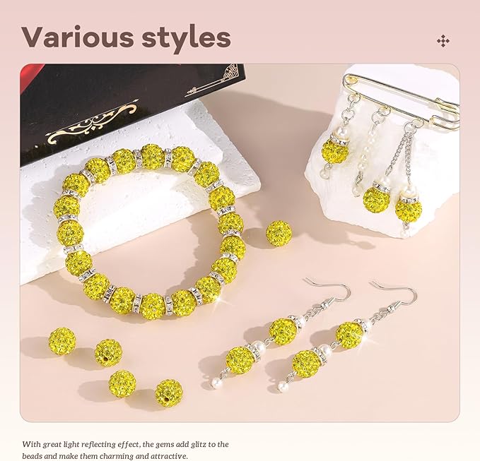 200pcs 10mm Rhinestone Beads for Jewelry Making, Yellow Shiny Round Disco Ball Beads Bulk, Sparkle Crystal Clay Christmas for Bracelet Baseball Necklace Earring Crafting and DIY