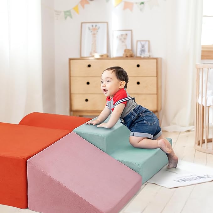 6-Piece Soft PU Leather Toddlers Climbing Toys, Baby Foam Climbing Blocks for Babies Toddlers, Waterproof Foam Play Gym Climber Structures for Toddler 3, Indoor Climb and Crawl Activity Play Set