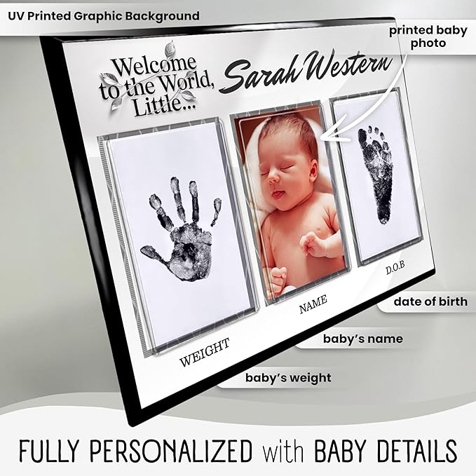 Baby Hand and Footprint Kit with Photo & Birth Details, Inkless Hand and Footprint Kit, Newborn Keepsake Plaque, Baby Shower Gifts (STYLE 1 (Fully Personalized) (Welcome To The World) (Neutral))