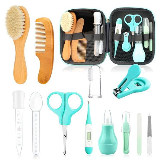 Baby Grooming Kit, Infant Safety Care Set with Hair Brush Comb Nail Clipper Nasal Aspirator,Baby Essentials Kit for Newborn Girls Boys (13 Pc Green Kit)