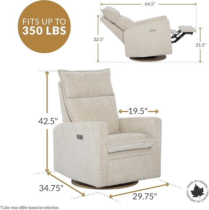 Arya Modern Nursery Chair Glider Recliner with 180° Swivel - Cozy Motorized Reclining Nursing Chair with USB Ports, Gentle Motion, Ergonomic Design, Canadian-Made (Sand/Como Fabric)