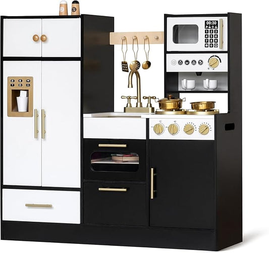 Interactive Wooden Play Kitchen for Kids 3+ Realistic Stove Sounds & Ice Maker Pretend Playset with 12 Kitchen Accessories Montessori Toy