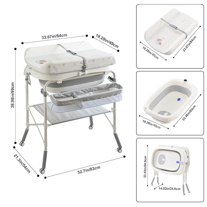 2-in-1 Baby Bathtub with Changing Table, Foldable Diaper Changing Station with 4 Wheels, Waterproof Pad, Storage Rack and Baby Bath Tub, Adjustable Height Portable Nursery Organizer for Newborn Infant