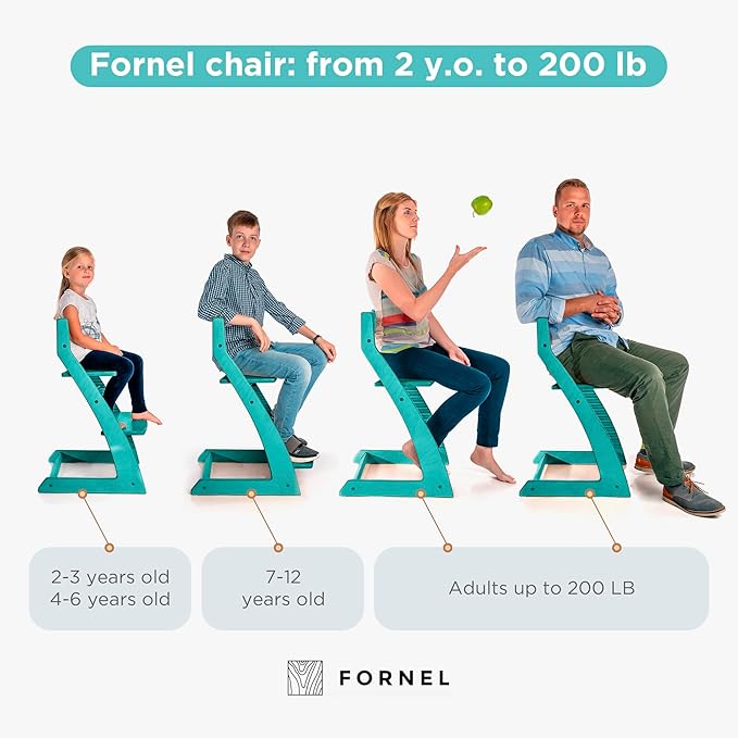 FORNEL Modern Wooden High Chair in Turquoise | The Adjustable Grow-with-Me Chair with a Stylish Pop of Color for Your Kitchen & Dining Room