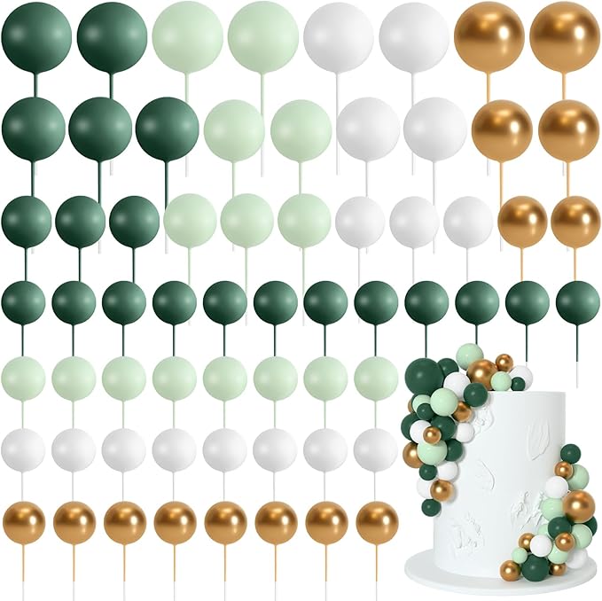75 Pcs Cake Balls Topper Decorations Foam Cupcake Topper Mini Balloon Cake Topper Balls Cake Picks for Cake Deco Birthday Party Wedding（Green,Gold, White）