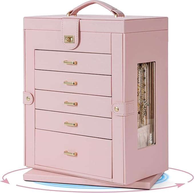 AKOZLIN 360° Rotating Jewelry Box 6-Tier Organizer Functional Jewelry Storage Case for Women Girls Ring Necklace Earring Bracelet Holder with Mirror Pink