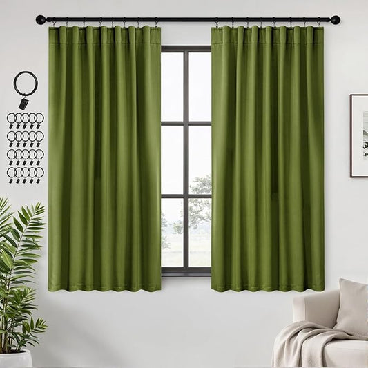 ANRODUO Back Tab Blackout Curtains for Bedroom Living Room, Rod Pocket Pinch Pleated Thermal Insulated Room Darkening Curtains 63 Inches Long 2 Panels, Olive Green, 42 x 63 Inch