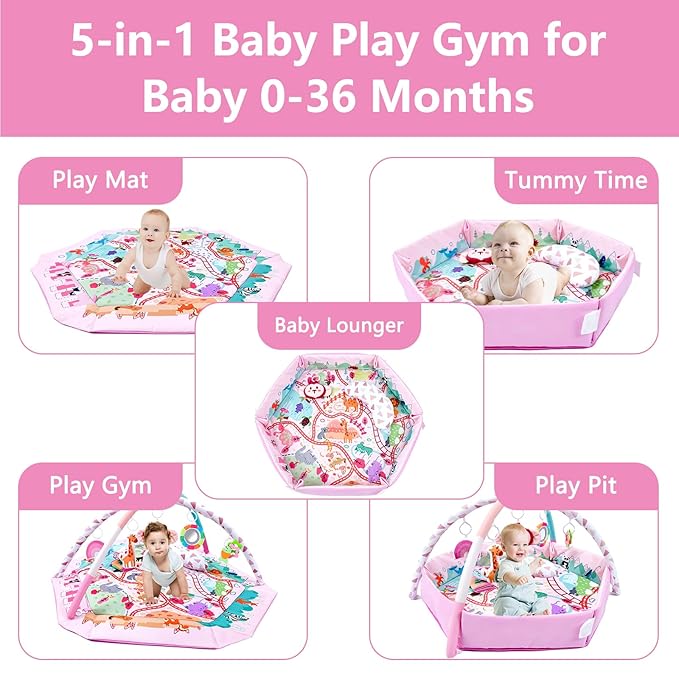 Baby Gym Play Mat, 8-in-1 Tummy Time Mat & Activity Gym, Washable Ball Pit, Infant Play Mat with Detachable Toys for Sensory Exploration and Motor Skill Development